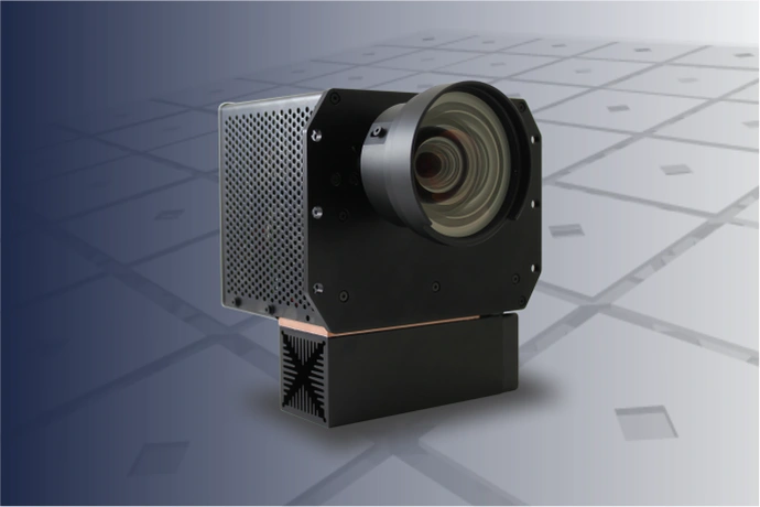 Industrial grade projection unit in a black housing.