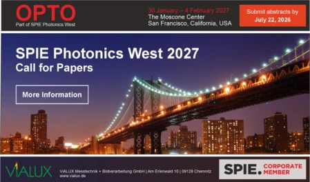 A graphic with the Golden Gate Bridge is shown, announcing a “Call for Papers” for the SPIE Photonics West exhibition in San Francisco.