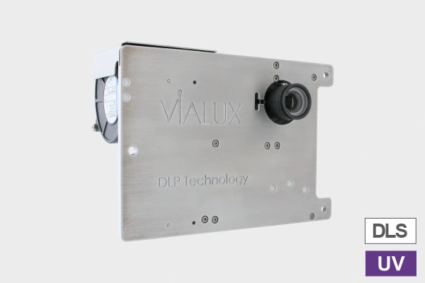 Industrial grade projection unit in a blue housing.