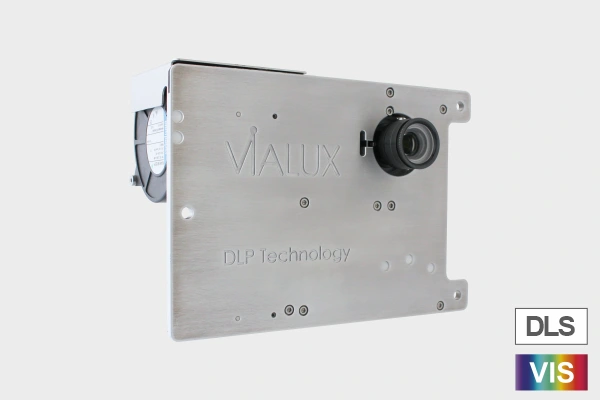 Industrial grade projection unit in a blue housing.