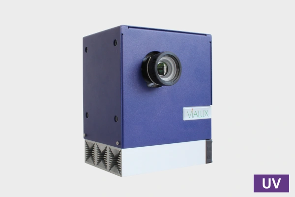 Industrial grade projection unit in a blue housing.